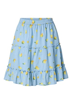 Svijetloplava suknja s naborima i elastičnim pojasom, ukrašena printom žutih limuna i zelenog lista te naboranim rubom.