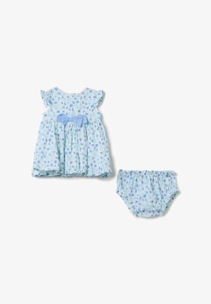 Niebiesko-biała sukienka w kwiaty dla niemowląt z falbanowymi rękawami i pasującymi bloomersami na białym tle