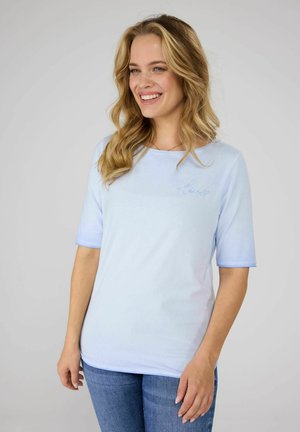 Himmelblaues T-Shirt mit kurzen Ärmeln und rundem Ausschnitt, mit gesticktem "love"-Detail auf der Vorderseite, aus weichem, glattem Material.