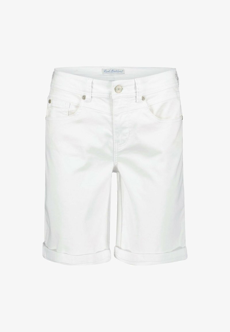 Witte denim shorts met een opgerolde zoom, voorzien van een sluiting met een voorknop, twee voorkatoen en subtiele stikdetails.
