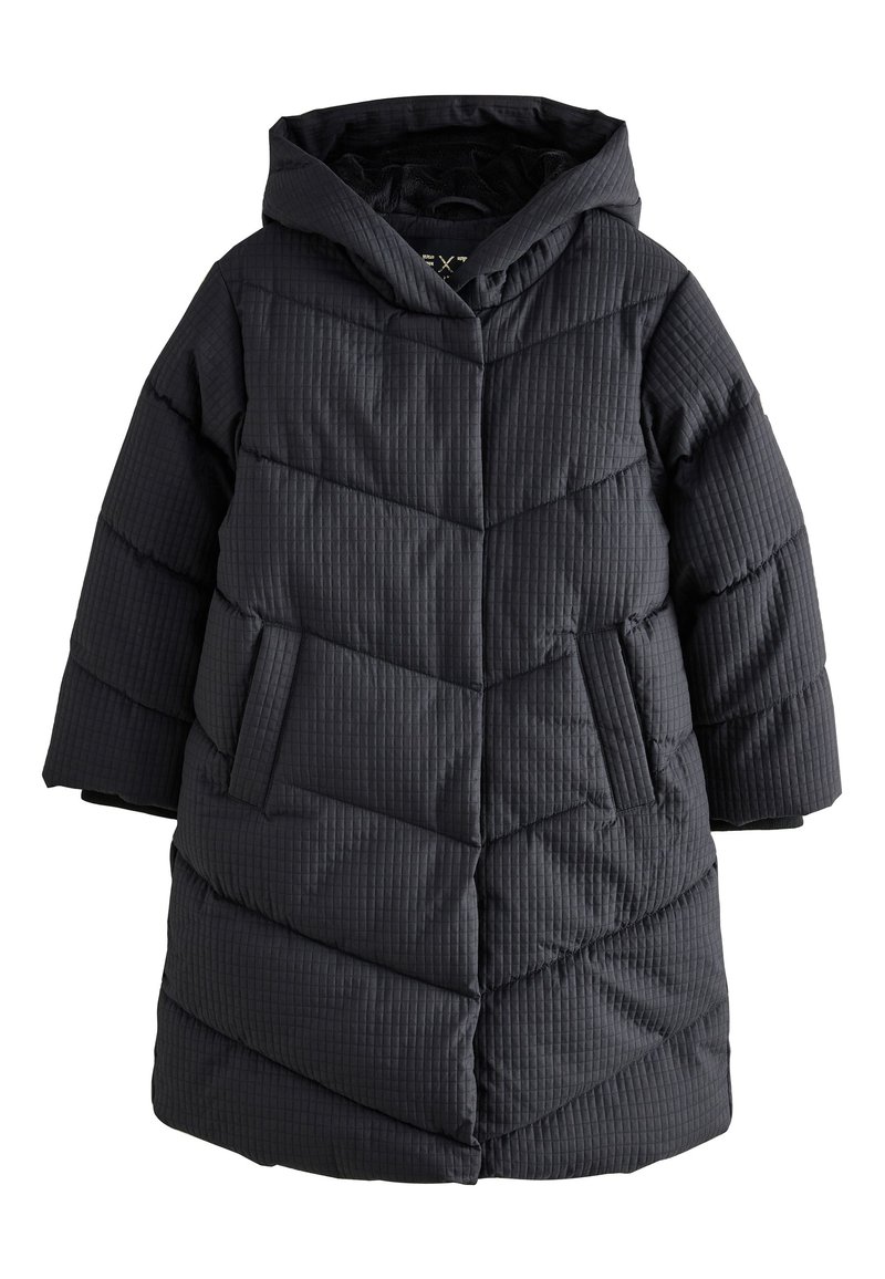 Manteau matelassé gris foncé avec capuche, présentant une surface texturée et matelassée, des poches latérales et un ourlet droit.