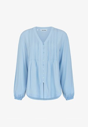 Lichtblauw blouse met een V-hals, knoopsluiting, pintuck-details en lange mouwen met geëlasticeerde manchetten. Glad, zacht materiaal.