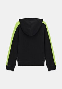 Black hoodie featuring a green stripe along the shoulders and sleeves. Made from soft fabric with a drawstring hood and ribbed cuffs.
