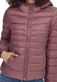 Veste matelassée légère de couleur mauve atténuée, avec des baffles horizontales, une capuche, des poignets élastiques et des poches latérales fermées par une fermeture éclair sur le devant.