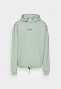 Felpa di un verde chiaro realizzata in tessuto morbido, con tasca a marsupio, coulisse all'orlo e un logo nero sul petto.