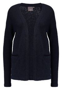 Marineblauer Cardigan aus weichem, strukturiertem Stoff, mit V-Ausschnitt, langen Ärmeln und zwei vorderen Taschen. Offenes Design.
