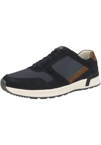 Marineblaue Sport-Sneaker mit einem Obermaterial aus Mesh und Wildleder, Schnürdesign, beigefarbenen Akzenten und einer weißen Gummisohle mit strukturiertem Profil.