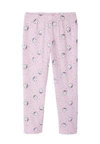 Pink cotton pajama pants with an elastic waistband, featuring a repeated pattern of cartoon cats and small pink hearts.