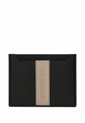 Schwarzer, strukturierter Lederkartenhalter mit zentralem, beigem vertikalem Streifen, geprägt mit dem Schriftzug "CERRUTI 1881".