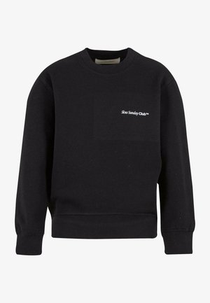Sweatshirt noir en coton, avec un col rond, des manches longues et un petit logo blanc "Slow Sunday Club" sur la poitrine.
