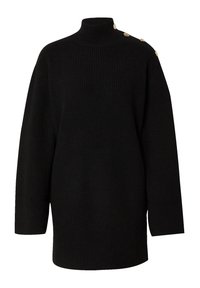 Schwarzer oversized Pullover mit hohem Kragen, gerippter Textur und vier goldenen Knöpfen an einer Schulter. Verfügt über lange Ärmel und eine lockere Passform.