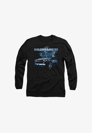 Black long-sleeve t-shirt featuring a graphic of a Hummer vehicle with bold text "HUMMER" and a lightning design in blue tones.