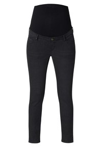 Jean de maternité noir avec une taille élastique haute, un design à cinq poches et une coupe slim, fabriqué en denim doux.