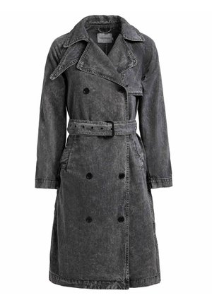 Tumši pelēks mazgāta džinsa trenčmētelis ar platiem atlokiem, dubultpogājums, josta pie vidukļa un sānu kabatas.