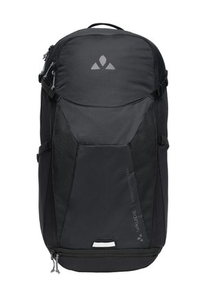 Schwarzer VAUDE Trail Control 25+ Wanderrucksack mit mehreren Fächern, Reißverschlüssen, seitlichen Riemen und Tragegriff oben.