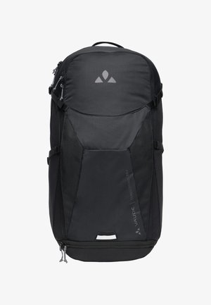 Zaino da trekking nero VAUDE Trail Control 25+ con più scomparti, cerniere, cinghie laterali e maniglia sulla parte superiore.