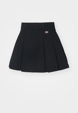 Svart plissert skjørt med flat midje, med et lite logomerke. Glatt stoff og en vid form som strekker seg til midten av låret.