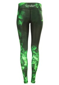Groene geometrische leggings van rekbaar stof, met een hoge tailleband en een gladde textuur, die overgaan van donker naar lichtgroene tinten.