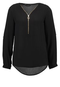 Black long-sleeve blouse in lightweight fabric with a front zipper, featuring gold-tone hardware and a curved hemline.