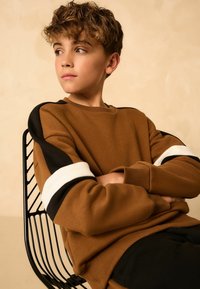 Brauner Pullover mit schwarz-weißen, gestreiften Akzenten an den Ärmeln, gerippten Bündchen und rundem Halsausschnitt. Kombiniert mit einem schwarzen Drahtstuhl.