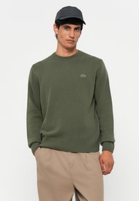 Olive green knit sweater with ribbed collar and cuffs, featuring a small embroidered logo on the chest. Styled with beige trousers.