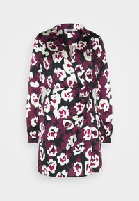Robe portefeuille à manches longues avec imprimé floral abstrait en violet, noir et blanc et col en V.