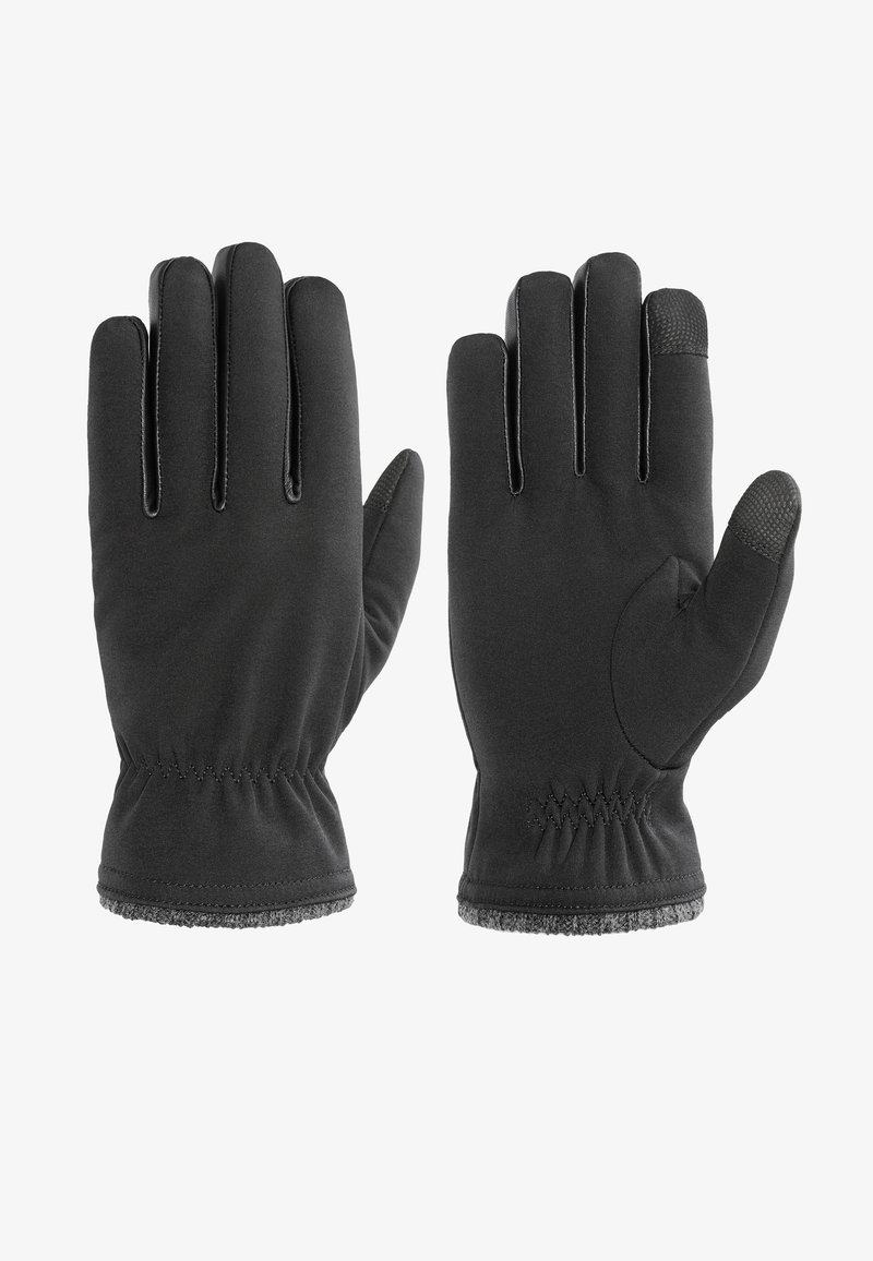 Crne rukavice od mekog, rastezljivog materijala s teksturiranim gripom na vrhovima prstiju. Elastične manžete s sivo obloženim dijelovima za dodatnu toplinu.