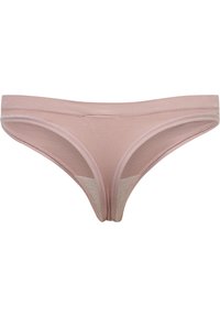 Helles pinkes Tanga aus dehnbarem Stoff mit glattem Bund. Die Rückseite verfügt über ein durchscheinendes Element und ein minimalistisches Design.