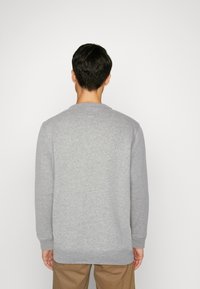 Felpa grigia con scollatura rotonda e maniche lunghe. Il tessuto sembra morbido e leggermente testurizzato. Vista posteriore, indossata con pantaloni beige.