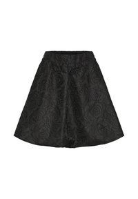 Black skirt with an elastic waistband, featuring a textured rose pattern. The design is flared with a knee-length cut, made from a glossy fabric.