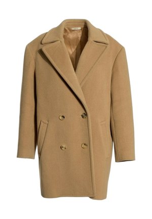 Manteau croisé en laine de chameau avec larges revers, deux poches avant et boutons, présenté sur fond blanc.
