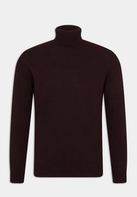 Dunkelburgunderroter Rollkragenpullover mit langen Ärmeln, geripptem Kragen und Bündchen, gefertigt aus einem weichen, glatten Strickstoff. Entwickelt für Wärme und Komfort.