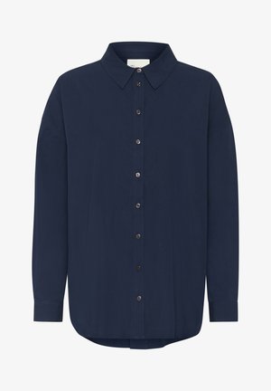 Mörk marinblå långärmad skjorta med klassisk krage, knappslå framtill och en avslappnad passform. Har subtil textur och rundad nederkant.