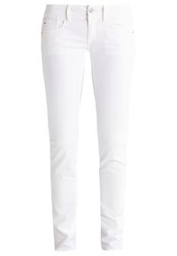 Pantalones vaqueros de mezclilla blanca de ajuste Slim, con cinco bolsillos, pasadores para el cinturón y cierre frontal con botón. Textura suave con un detalle mínimo.