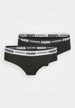 Deux paires de culottes noires pour femmes avec une large ceinture élastique noire et blanche arborant le logo "PUMA". Tissu doux et extensible, design sans couture.