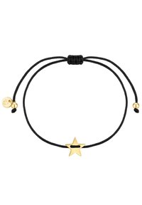 Svart snoddarmband med en guldstjärna som berlock, justerbart med en glidknut. Inkluderar en liten guldfärgad accentpärla nära knäppen.