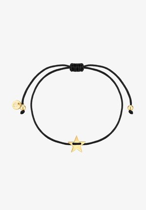 Sort snorearmbånd med en guldfarvet stjernecharms, justerbart med en glidende knude. Indeholder en lille guldfarvet perle nær låsen.