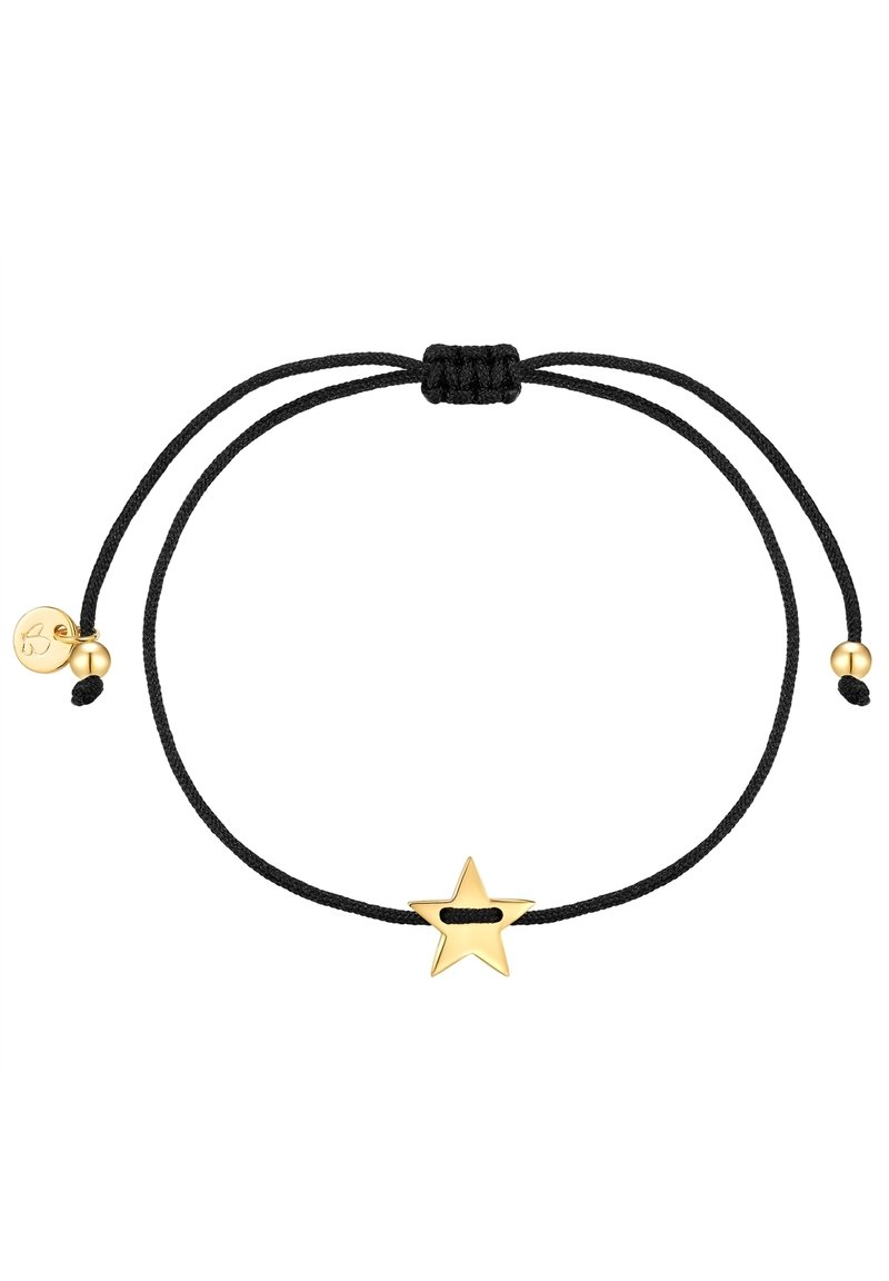 Svart snoddarmband med en guldstjärna som berlock, justerbart med en glidknut. Inkluderar en liten guldfärgad accentpärla nära knäppen.