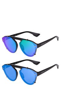 Black sunglasses with gradient lenses, transitioning from purple to blue. Unique octagonal shape, accented with gold hardware on temples.