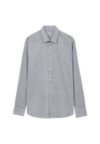 Chemise à manches longues avec un petit motif géométrique noir et blanc, col classique et ourlet droit.