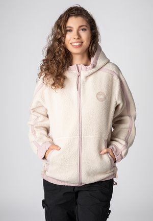 Fleecejacke in Cremefarbe mit weicher Textur, rosa Akzenten an Kapuze, Reißverschlüssen und Taschen, mit einem runden Logo auf der Brust.