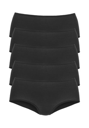 Fünf Paar schlichte schwarze Baumwoll-Damenslips, gestapelt in überlappenden Reihen auf weißem Hintergrund.