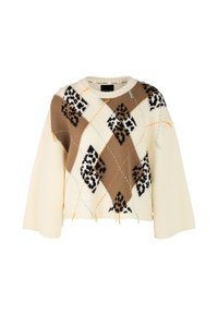 Knitted sweater featuring a cream, brown, and black argyle pattern with accent colors. Flared sleeves and a round neck. Fabric has a ribbed texture.