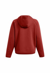 Felpa rossa con una texture di tessuto liscia, dotata di un cappuccio aderente, maniche lunghe a raglan e orlo dritto, progettata per un abbigliamento casual.