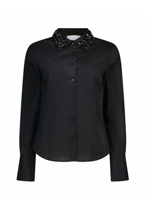 Zwart overhemd met lange mouwen en knopen, een rechte snit en een kraag versierd met zwarte glanzende kraaltjes.