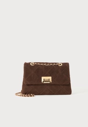Brown suede handbag with a quilted design, gold hardware, and a chain strap. Features a clasp closure and smooth texture.