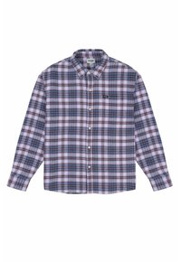 Camisa de cuadros de manga larga en azul, púrpura y blanco. Presenta un cuello, botones en la parte delantera y el logo de Wrangler en el pecho. Material de algodón.
