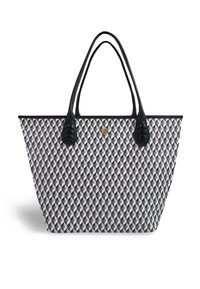 Torba typu tote w szarym, granatowym i białym kolorze z geometrycznym wzorem. Posiada dwa czarne skórzane uchwyty oraz złoty akcent logo. Teksturowana powierzchnia.
