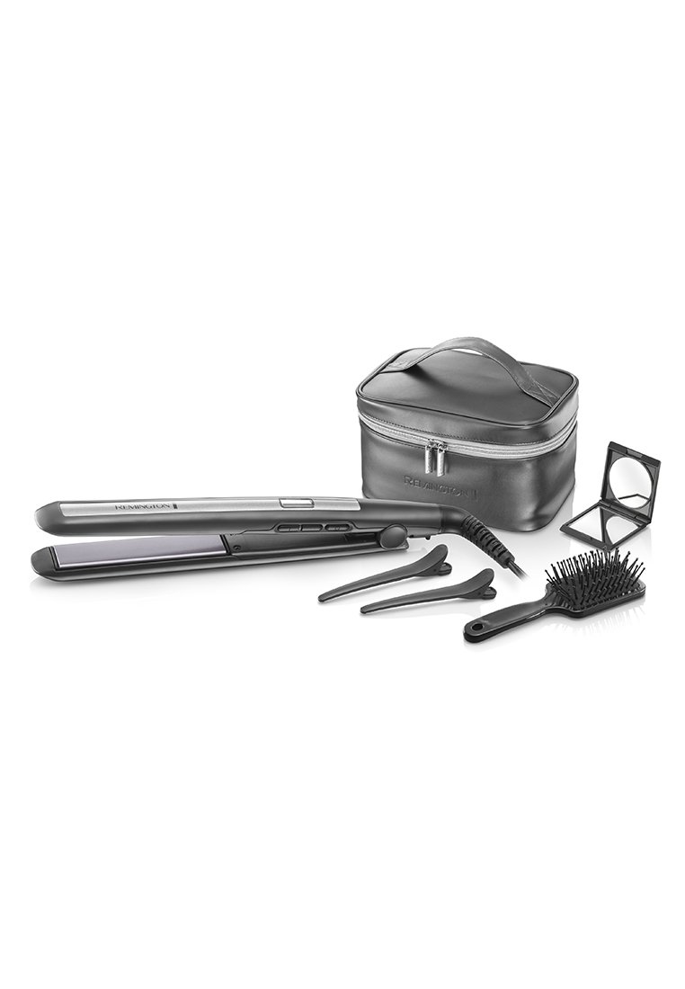 Haarglätter-Set in Schwarz, beinhaltet Haarglätter, Reisetasche, zwei Teilungsclips, einen Kamm, eine strukturierte Bürste und einen Spiegel.