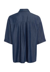 Dark blue short-sleeve shirt made of denim, featuring a collar, loose fit, and back pleat detail for ease of movement.